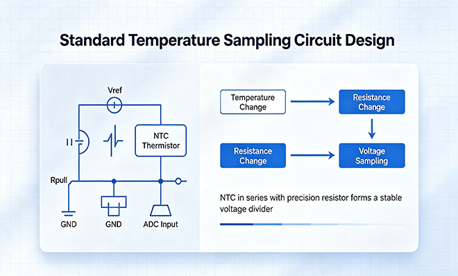 NTC thermistor and precision resistor form a voltage divider for temperature sampling, with ADC input monitoring the midpoint voltage.
