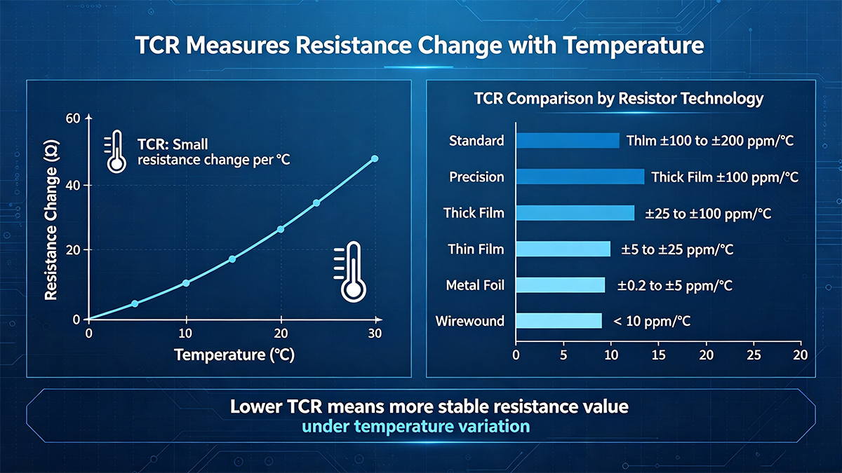 TCR comparison chart: resistance change vs. temperature for standard, thick film, metal foil, and wirewound resistors.