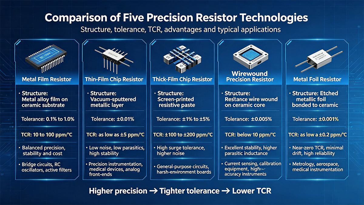 Comparison of five precision resistor types: Metal Film, Thin-Film, Thick-Film, Wirewound, and Metal Foil with tolerance, TCR, and applications.