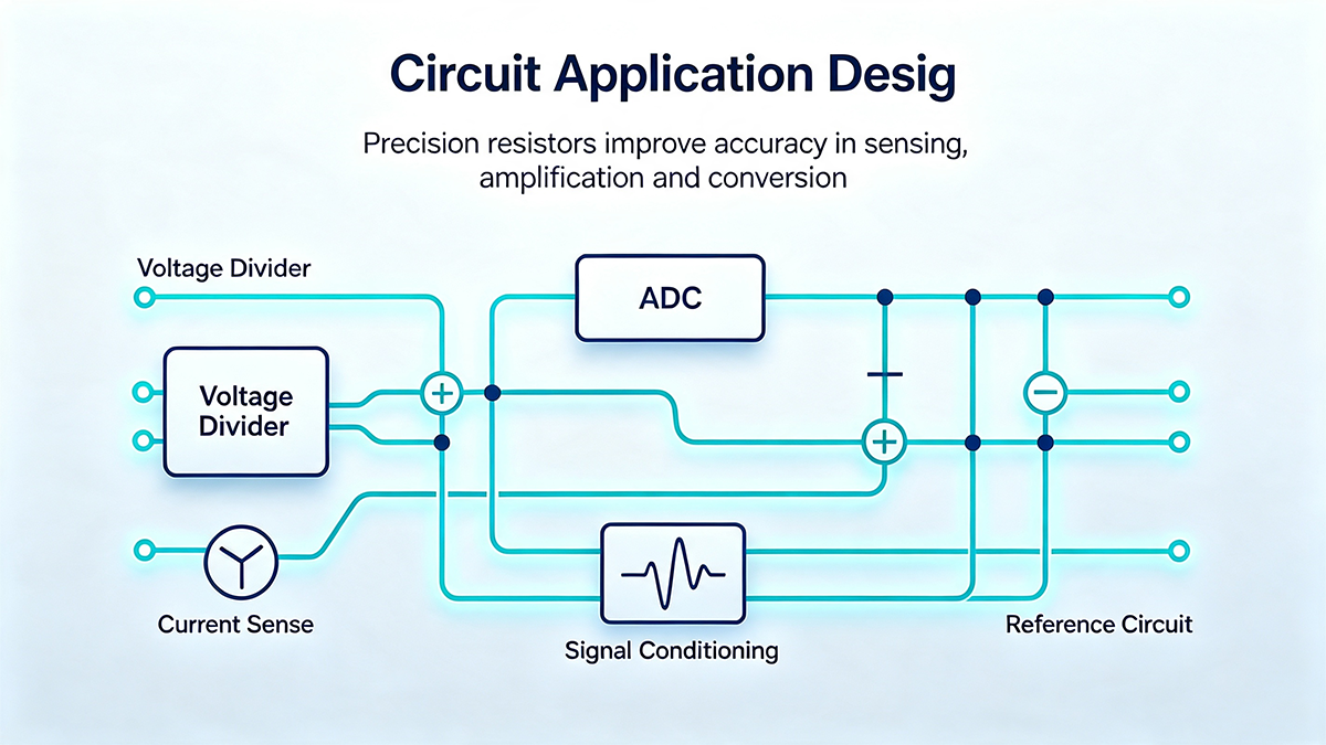 Precision resistor applications: voltage divider, ADC input, current sensing, signal conditioning, and reference circuits.
