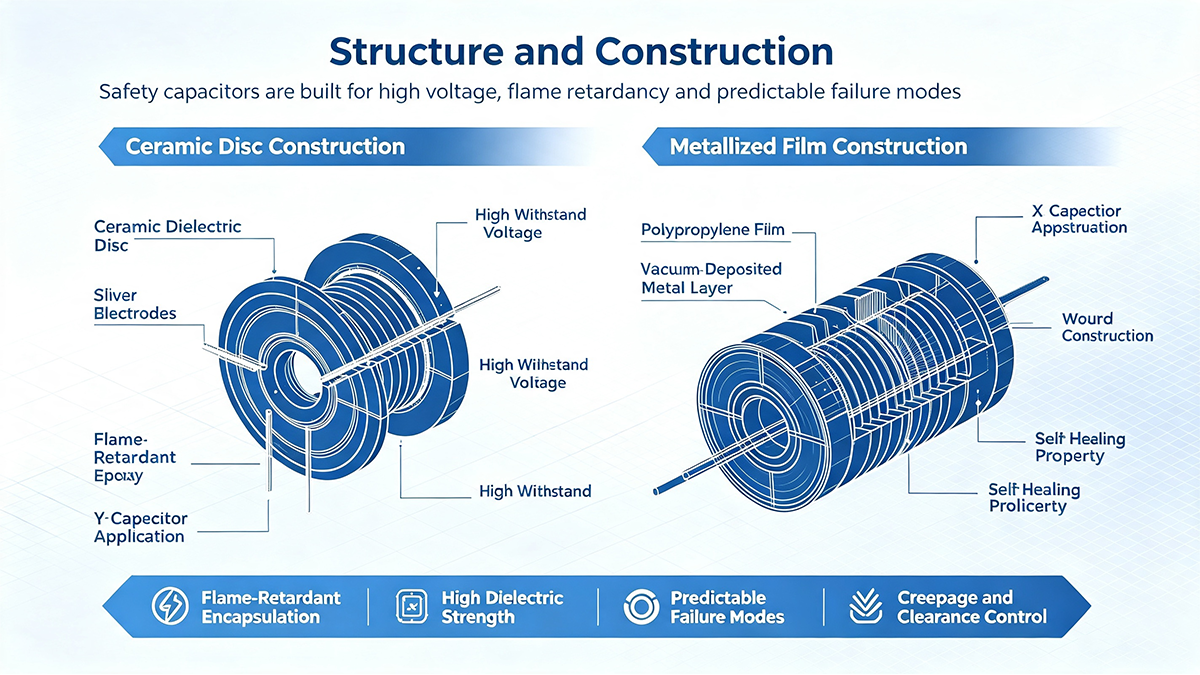 Safety capacitor construction: ceramic disc and metallized film types, X/Y capacitor classes, self-healing, flame-retardant, and high withstand voltage features.