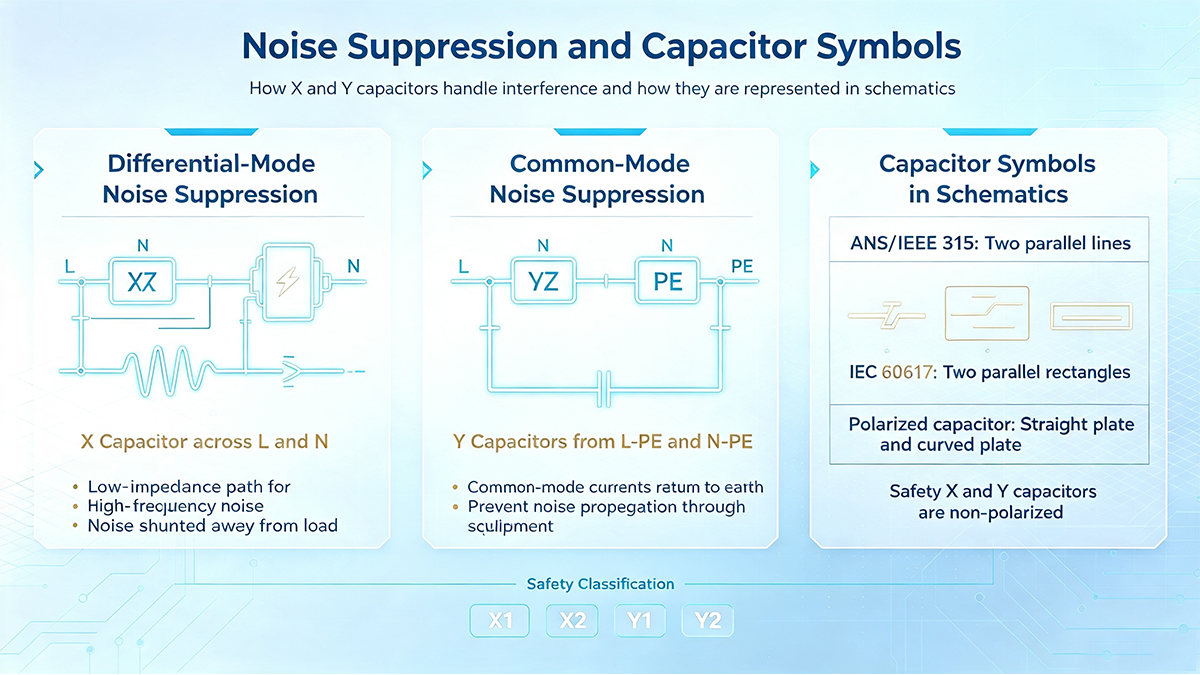 X and Y safety capacitors for EMI suppression: differential-mode (X across L-N), common-mode (Y L-PE/N-PE), schematic symbols (ANSI/IEEE, IEC), and X1/X2/Y1/Y2 classes.