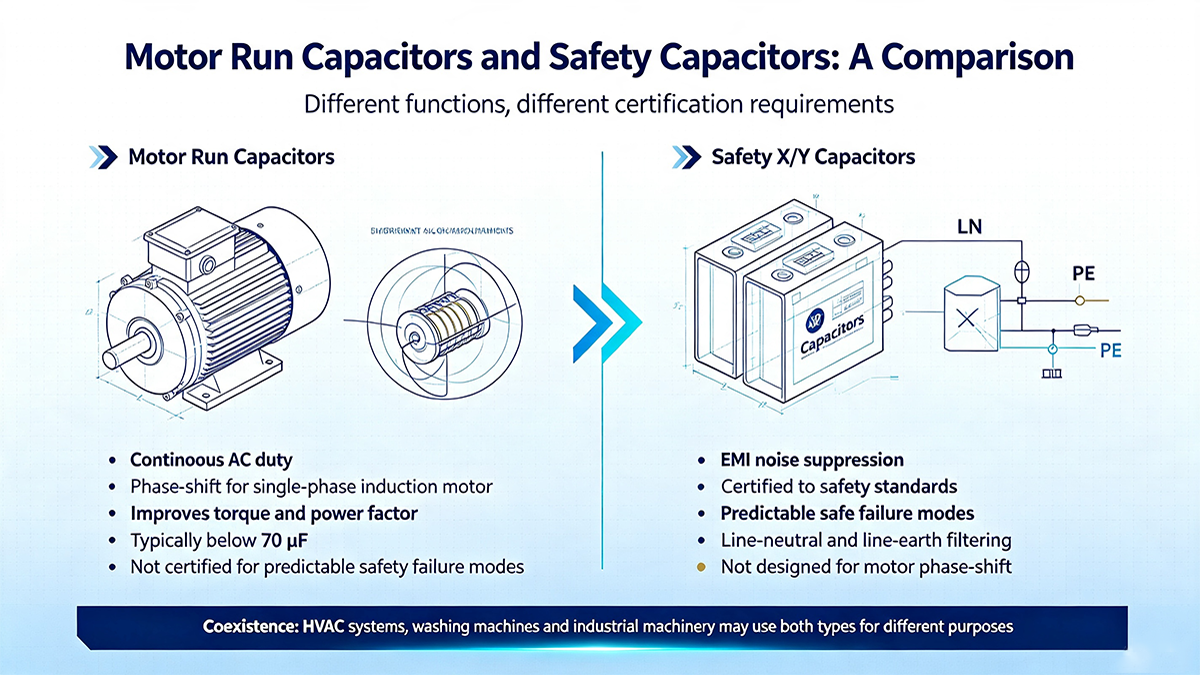 Motor run capacitors vs safety X/Y capacitors: phase-shift for AC motors vs EMI noise suppression, with different certification standards and failure mode requirements.