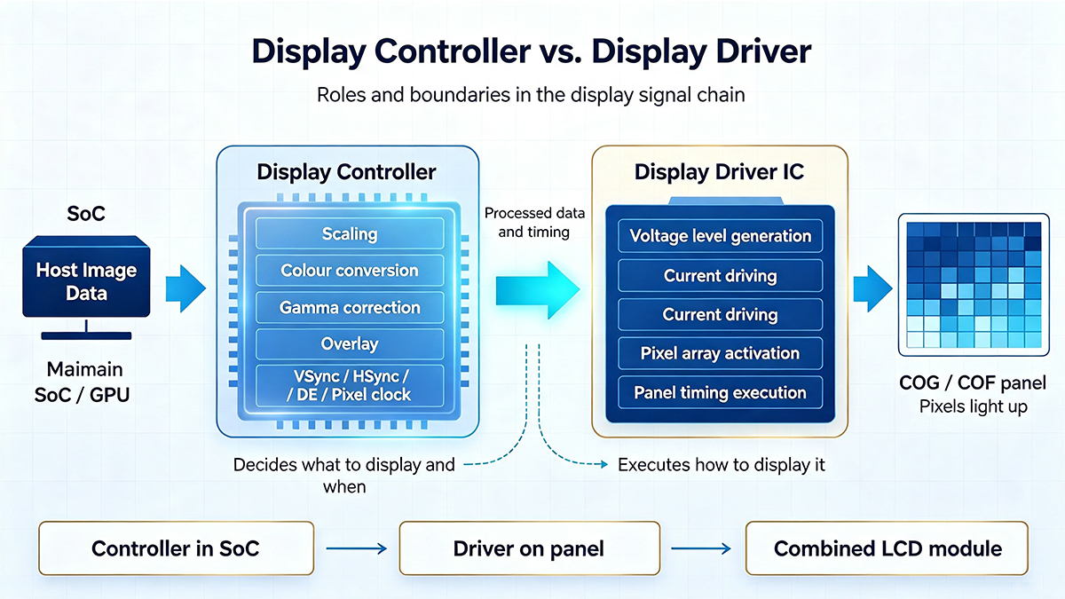 Display controller (scaler, color conversion, gamma, sync) vs display driver IC (voltage/current drive, panel timing) in the display signal chain.