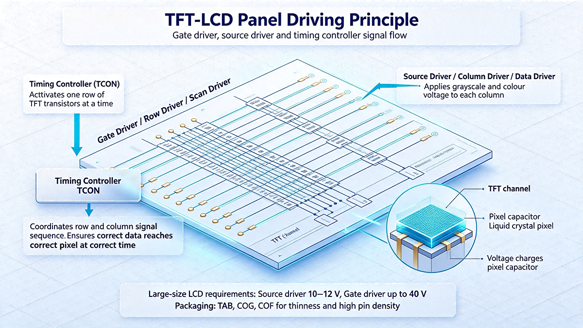 TFT-LCD driving principle: Timing controller (TCON) activates rows, source driver applies grayscale voltage to columns, charging pixel capacitors.