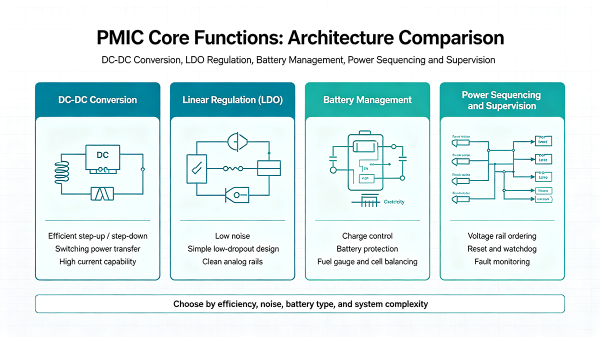 PMIC architecture comparison: DC-DC converter (efficient step-up/down), LDO regulator (low noise), battery management (charge/protection), power sequencing and supervision.