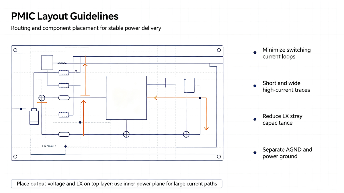 PMIC PCB routing guidelines: minimize switching loops, use short wide traces, avoid stray capacitance on LX nodes, and separate analog/power grounds.