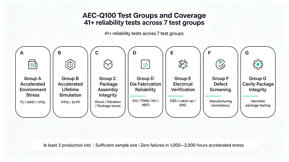 AEC-Q100 reliability test groups: accelerated environment, lifetime, package assembly, die fabrication, electrical verification, defect screening, cavity integrity – 41+ tests for automotive ICs.