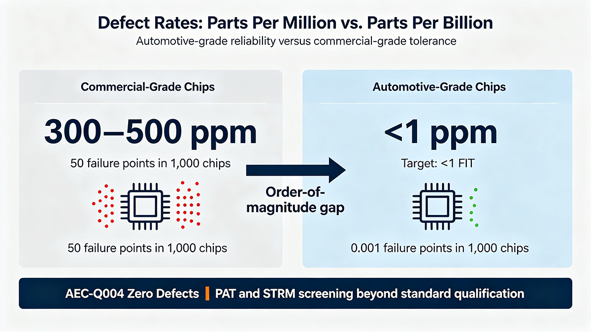 Defect rate comparison: commercial-grade ICs at 300–500 ppm vs automotive-grade at <1 ppm and <1 FIT, with AEC-Q004 zero-defect screening.