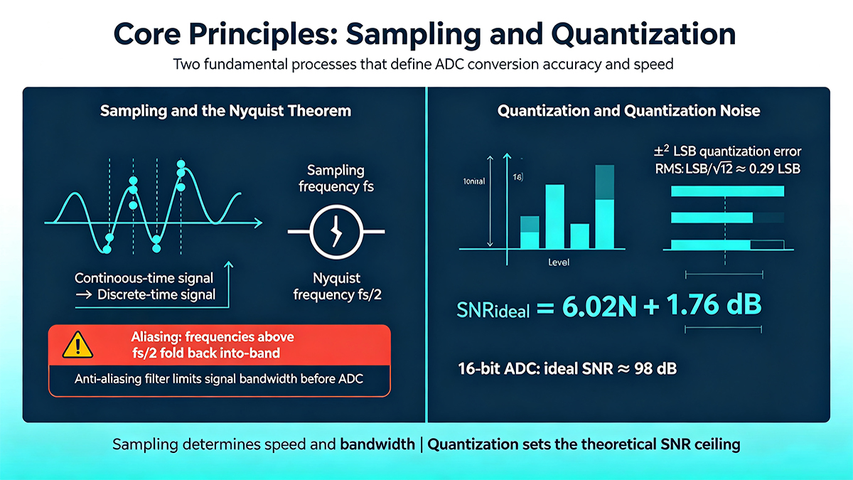 ADC core principles: sampling and Nyquist theorem, anti-aliasing, quantization noise, ideal SNR formula (6.02N + 1.76 dB), and 16-bit SNR ≈ 98 dB.