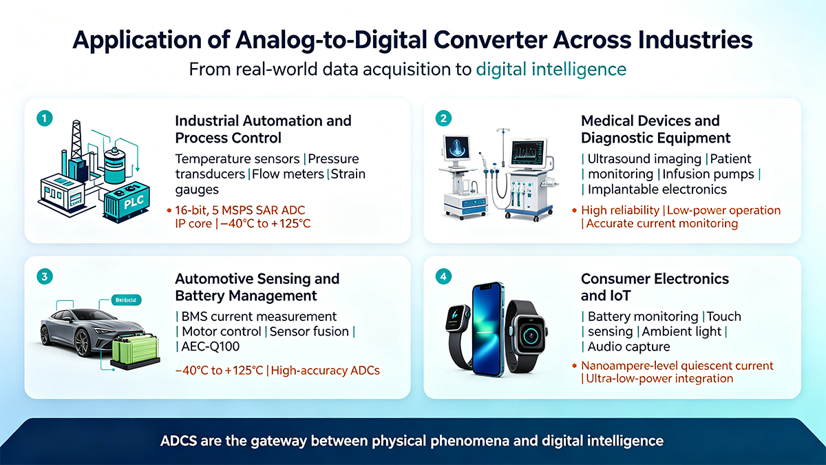 ADC applications across industries: industrial automation, medical devices, automotive sensing/BMS, and consumer electronics/IoT – from real-world data acquisition to digital intelligence.